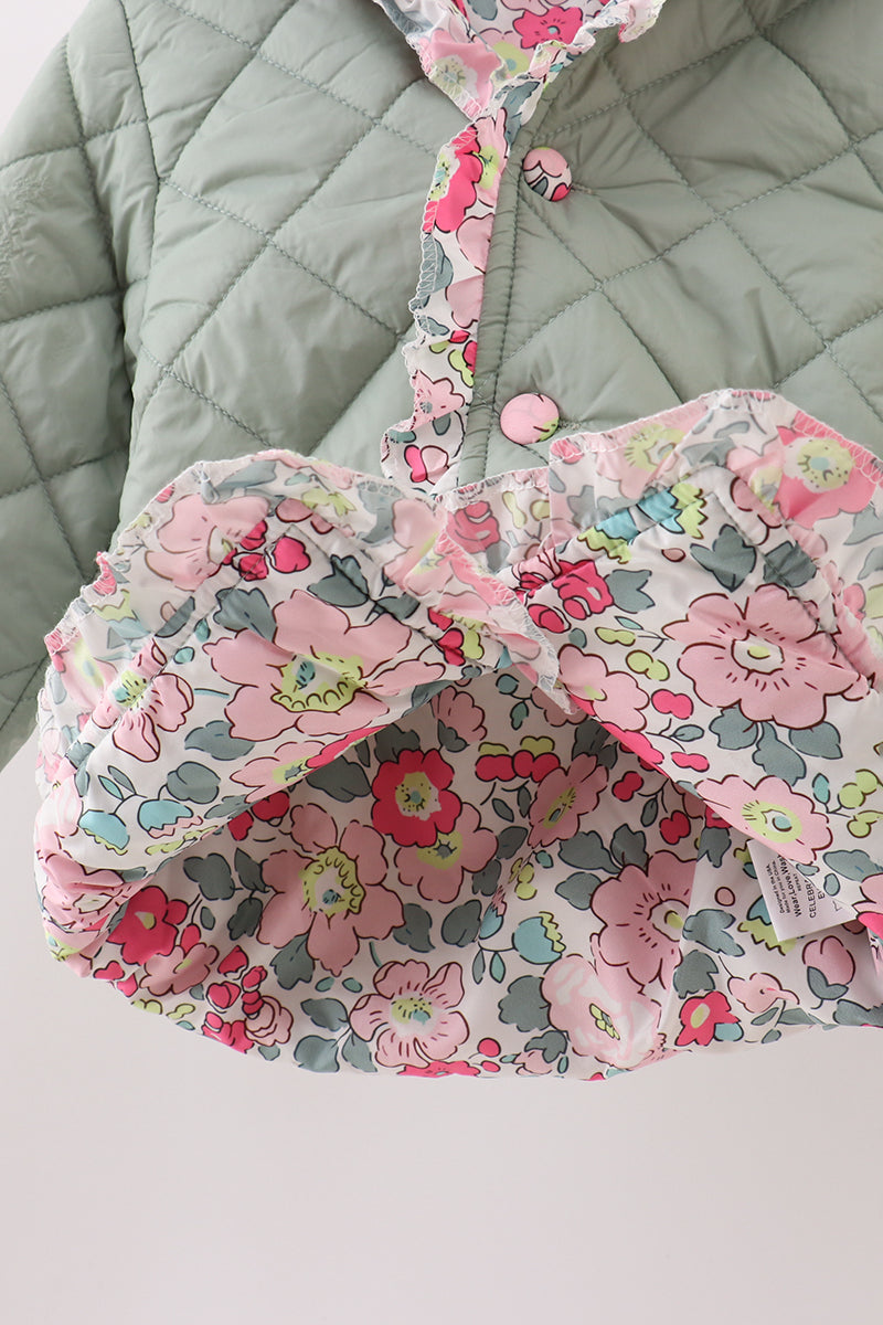 Sage floral print ruffle quilted jacket