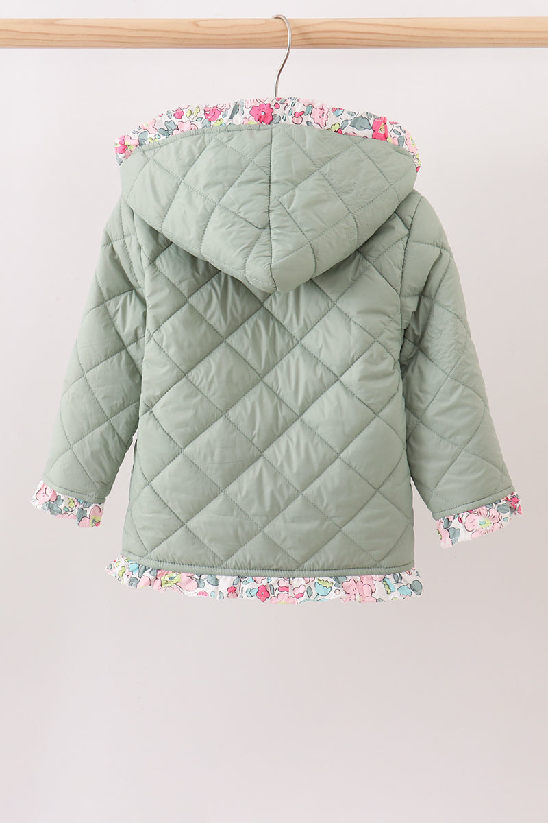 Sage floral print ruffle quilted jacket
