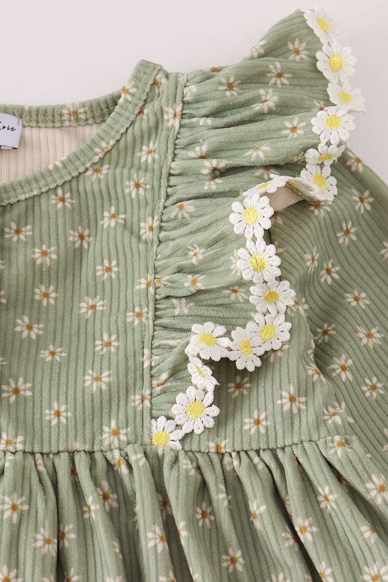 Green corduroy floral lace ruffle dress