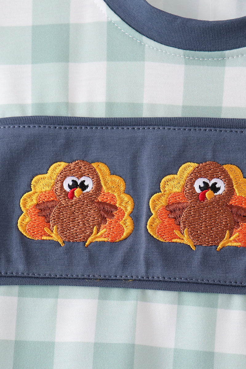 Sage Turkey Embroidery Gingham Pants Set