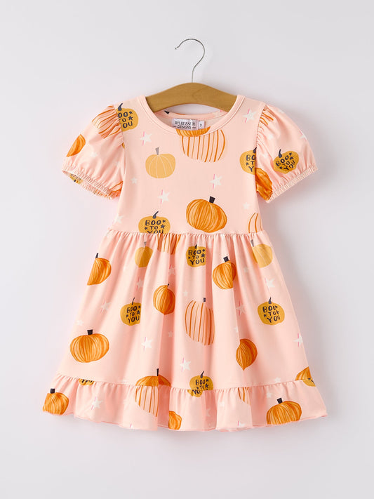 Fall Halloween & Thanksgiving Fun Pumpkin Short Sleeve Girls Dress