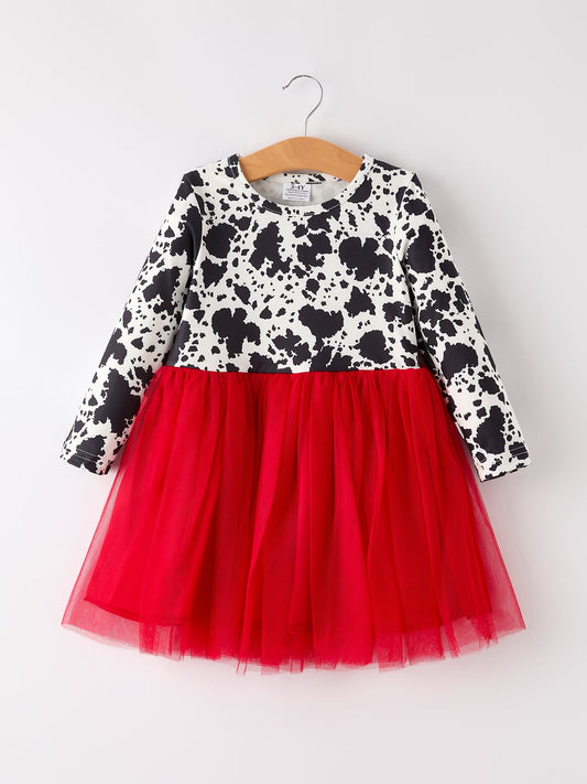 Autumn Cow Pattern Girls Long Sleeve Dress