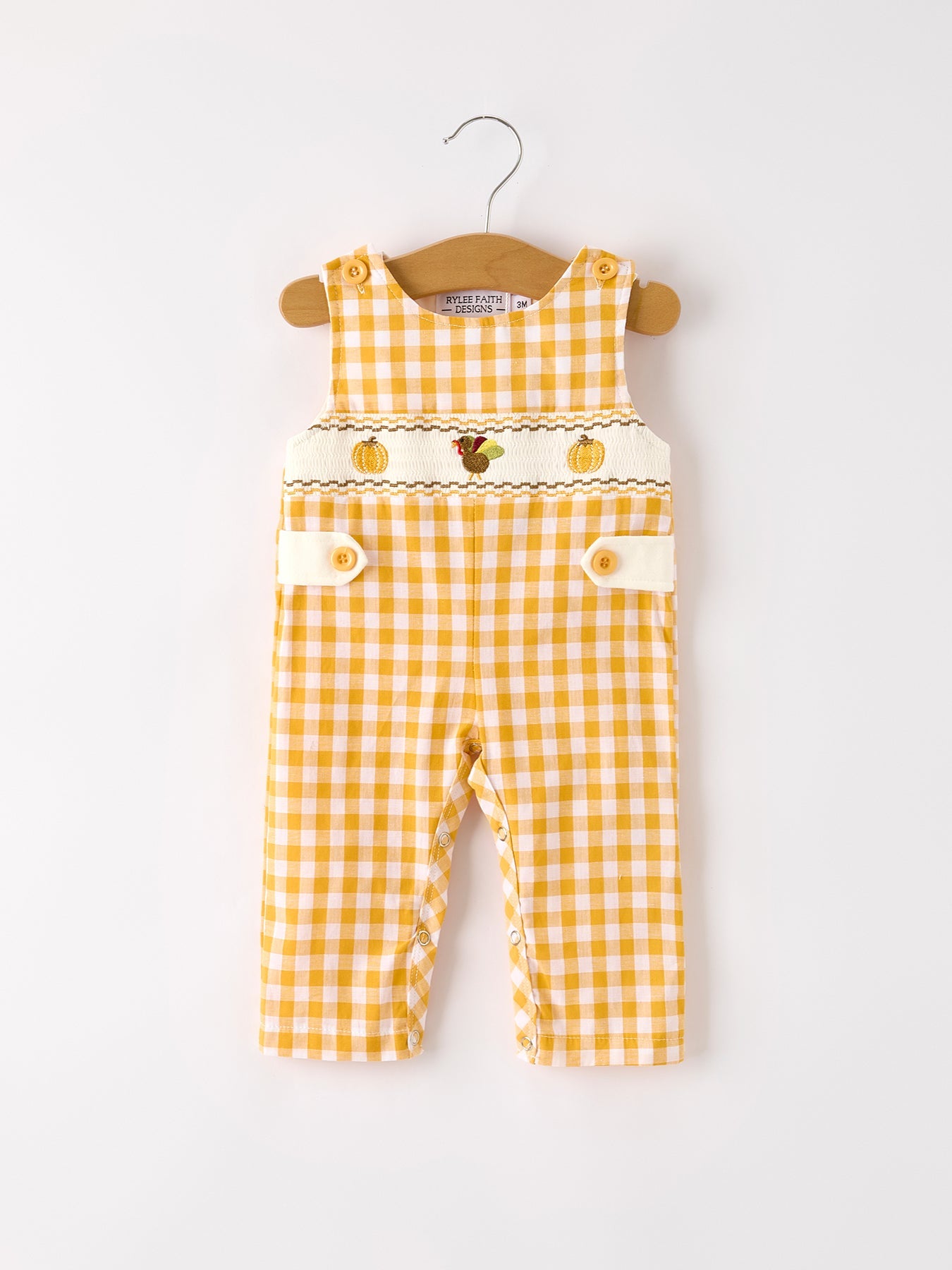 Autumn Thanksgiving Yellow Plaid Turkey Pumpkin Embroidery Smock Boys Romper