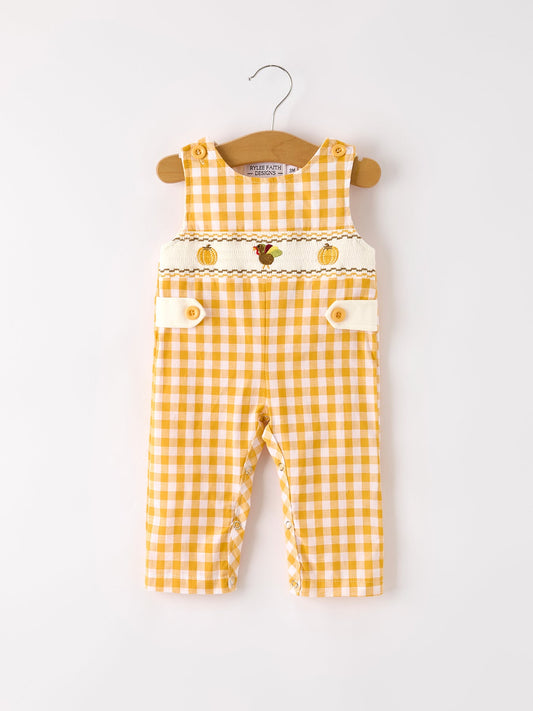Autumn Thanksgiving Yellow Plaid Turkey Pumpkin Embroidery Smock Boys Romper