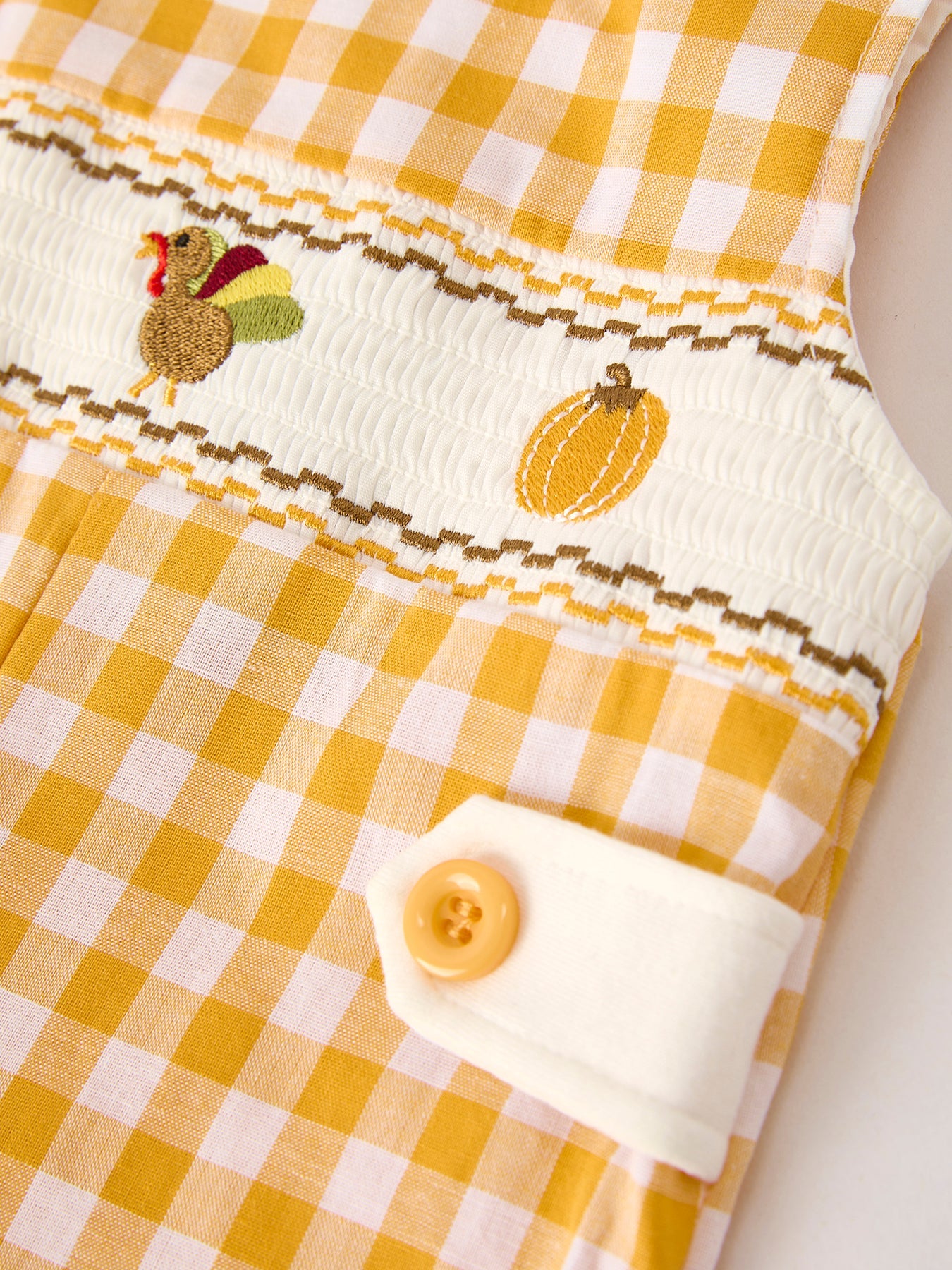 Autumn Thanksgiving Yellow Plaid Turkey Pumpkin Embroidery Smock Boys Romper