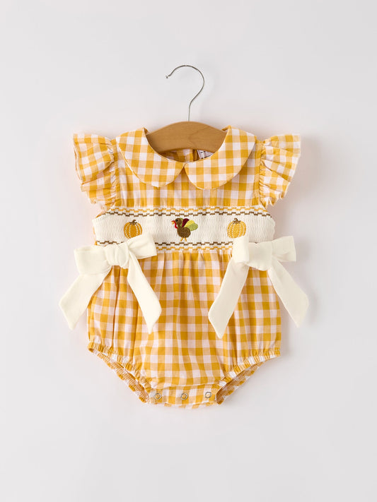 Autumn Thanksgiving Yellow Plaid Turkey Pumpkin Embroidery Smock Girls Romper