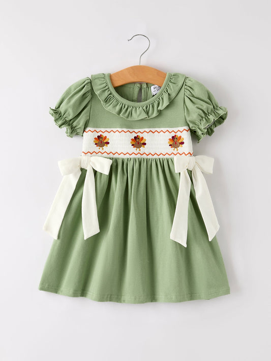 Fall Thanksgiving Chicken Smock Embroidered Green  Baby Girl Dress
