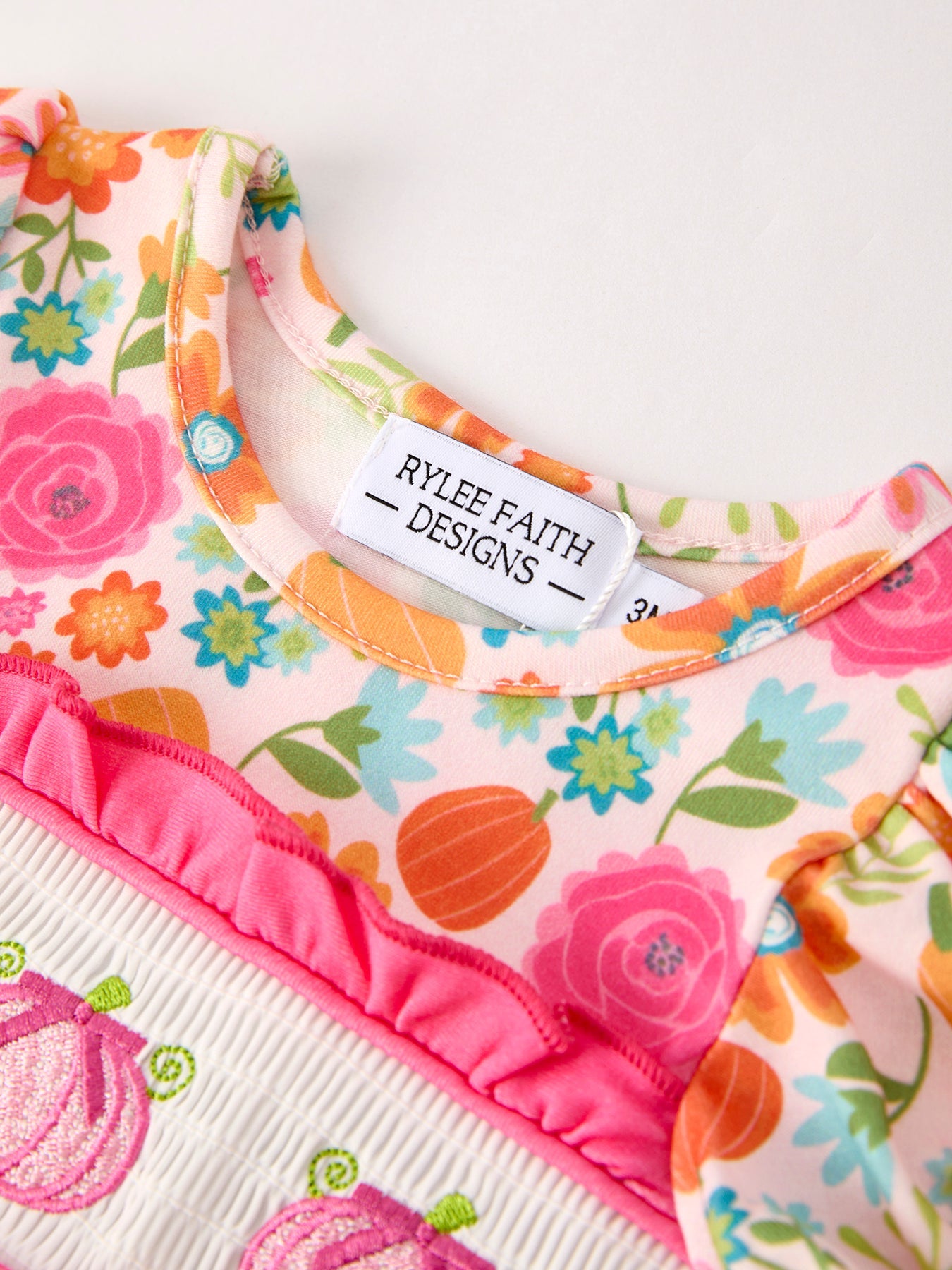 Autumn Thanksgiving Pumpkin Embroidery Smock Floral Girls Romper