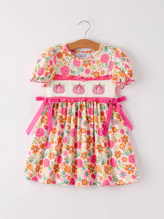 Autumn  Thanksgiving Pumpkin Embroidery Smock Floral Girls Dress