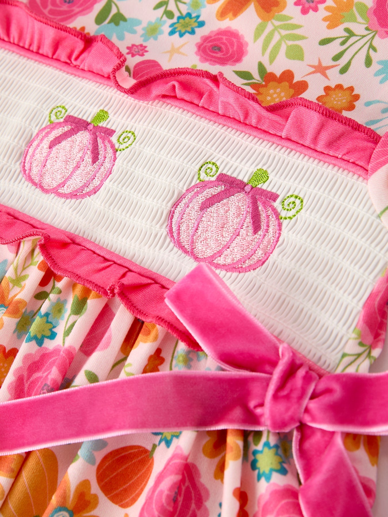 Autumn  Thanksgiving Pumpkin Embroidery Smock Floral Girls Dress