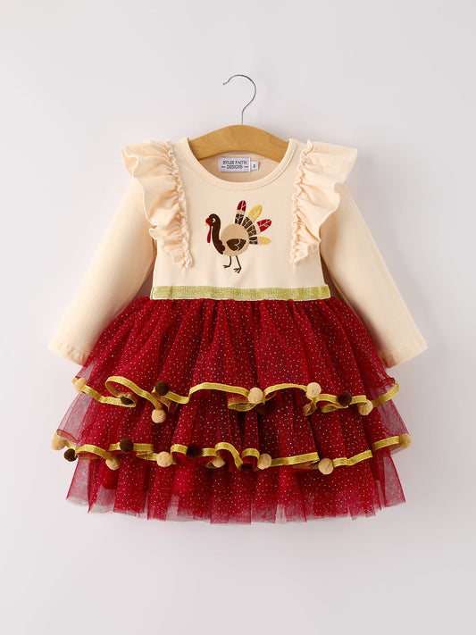 Autumn Thanksgiving Tulle Red Girls Long Sleeve Dress