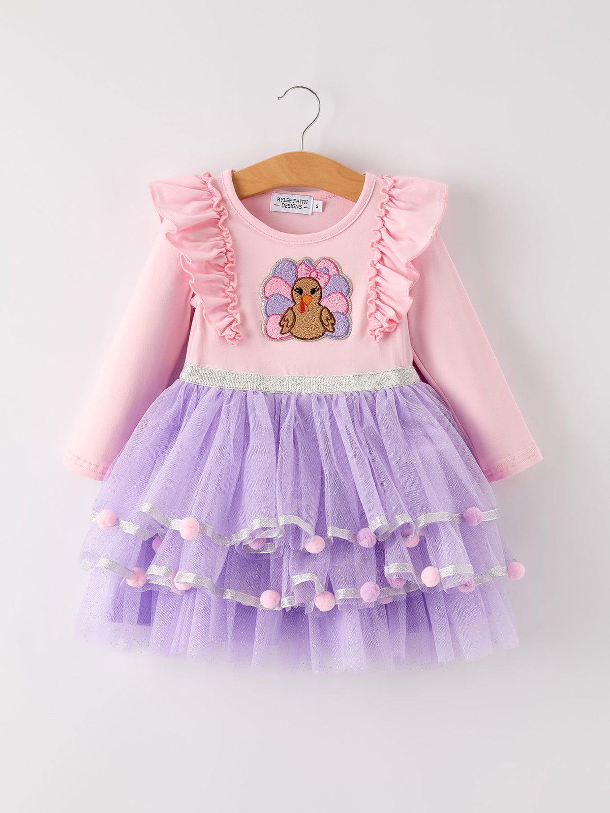 Autumn Thanksgiving Tulle Pink Purple Girls Long Sleeve Dress