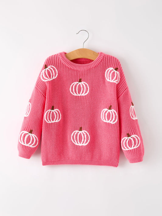 Fall Girls Thanksgiving Halloween Pumpkin Pink Pullover Sweater