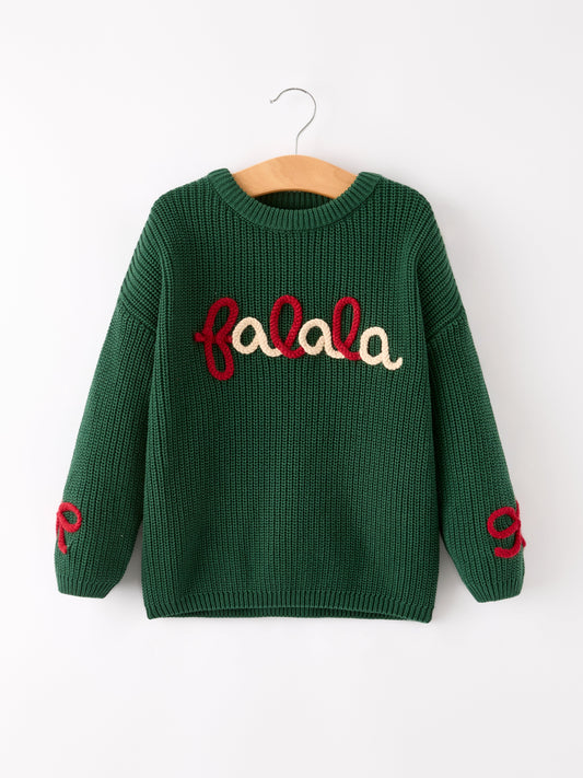 Christmas Winter Bow Dark Green Girls Pullover Sweater