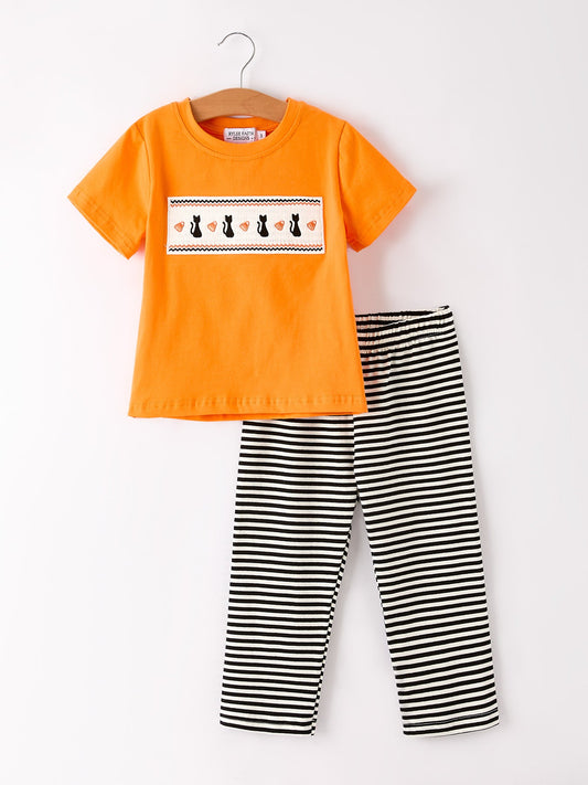 Halloween Striped Boy Set with Cat Smocking Embroidery –  Perfect for Fall