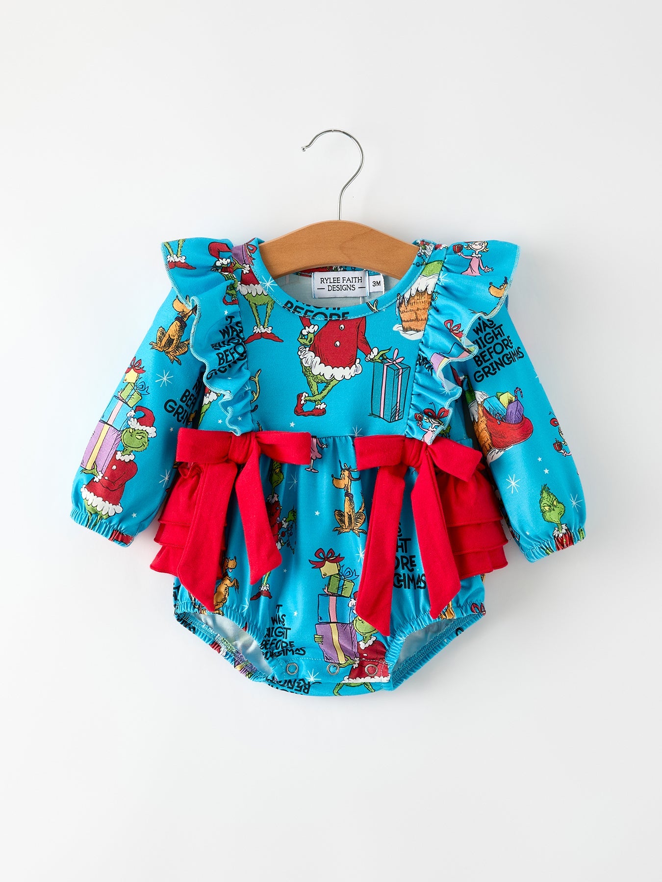Blue Christmas Baby Girls Bow Romper with Ruffle Detail
