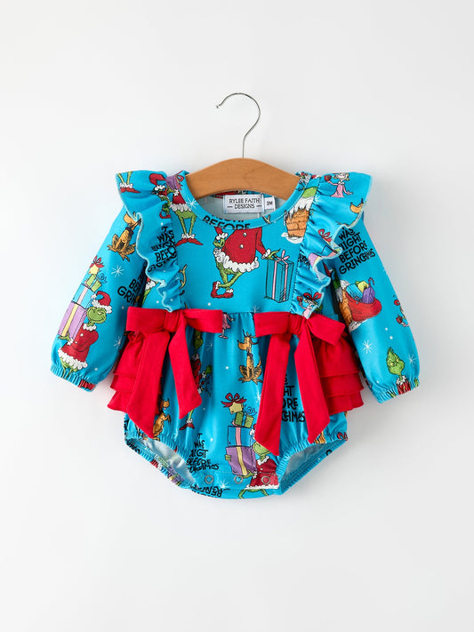 Blue Christmas Baby Girls Bow Romper with Ruffle Detail