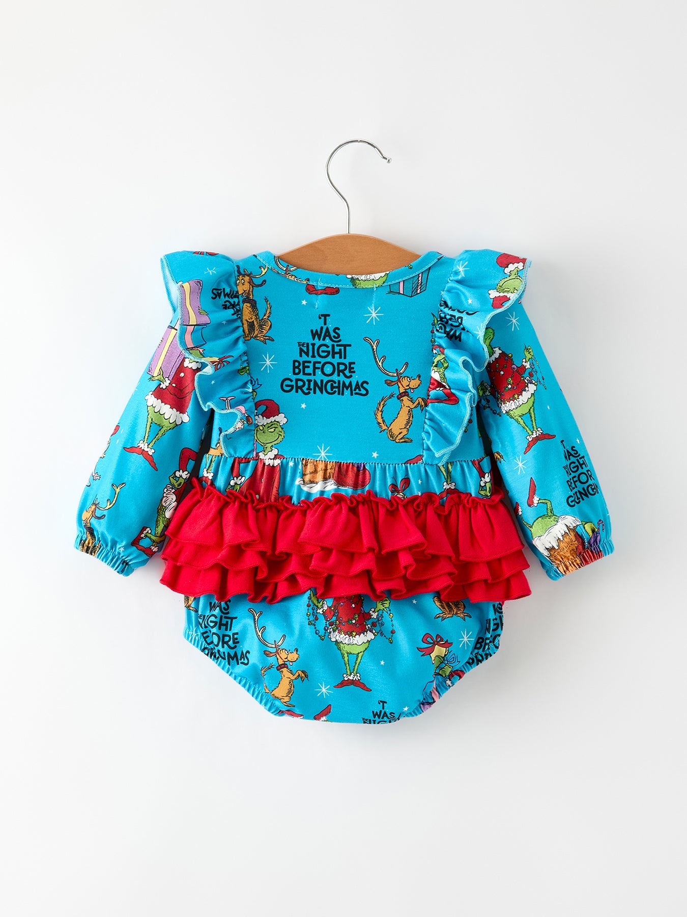 Blue Christmas Baby Girls Bow Romper with Ruffle Detail