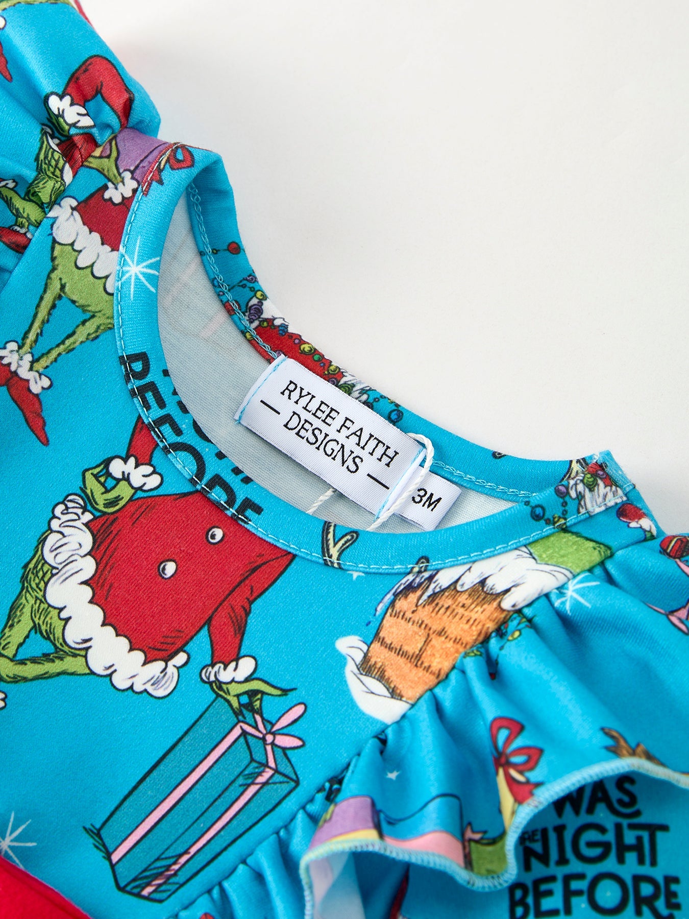 Blue Christmas Baby Girls Bow Romper with Ruffle Detail