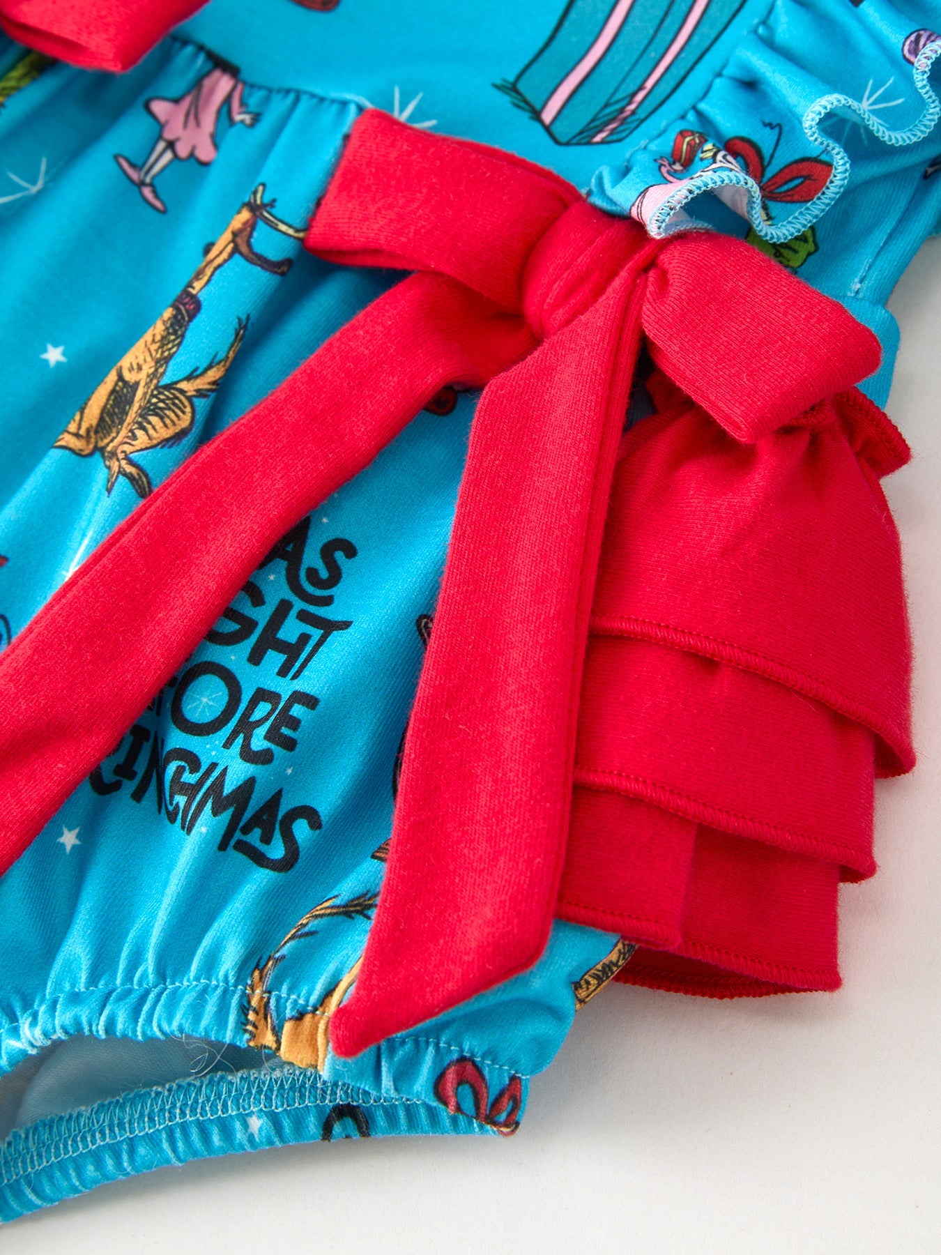 Blue Christmas Baby Girls Bow Romper with Ruffle Detail