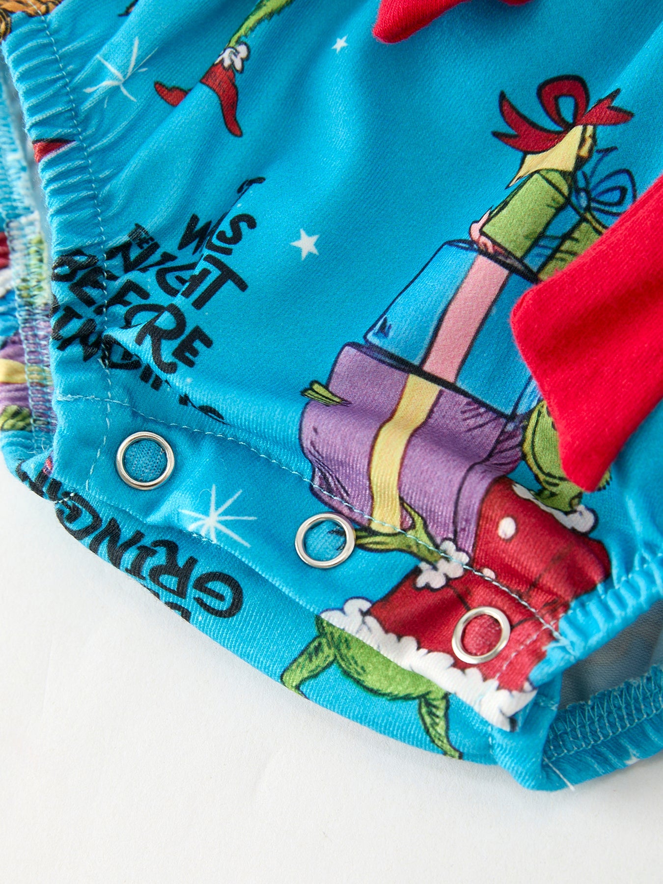 Blue Christmas Baby Girls Bow Romper with Ruffle Detail