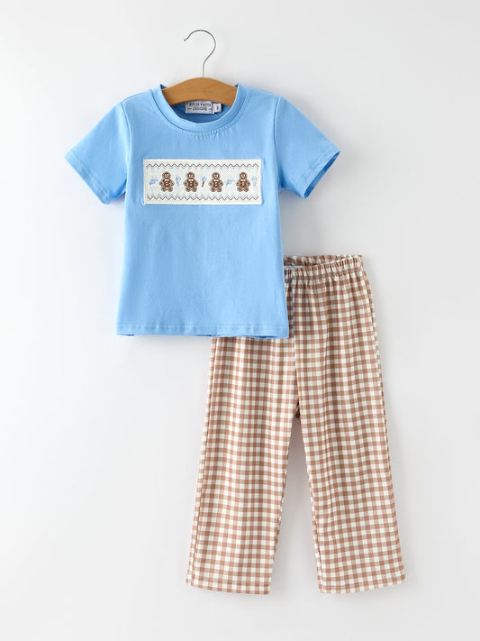 Christmas Vintage-Style Embroidered Gingerbread Plaid Boys Set