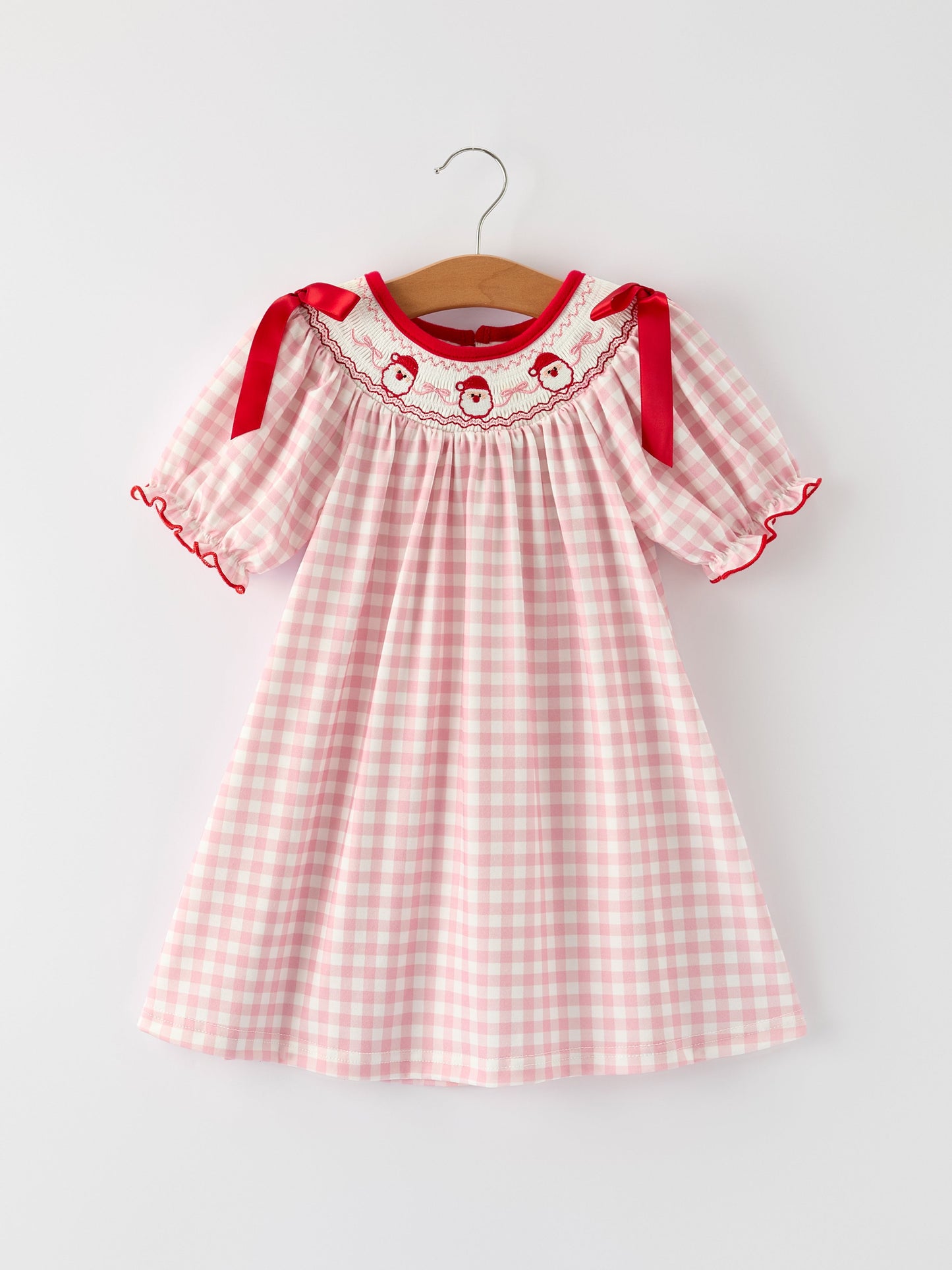 Pink Gingham Christmas Girls Dress: Santa Embroidery with Red Satin Ribbon