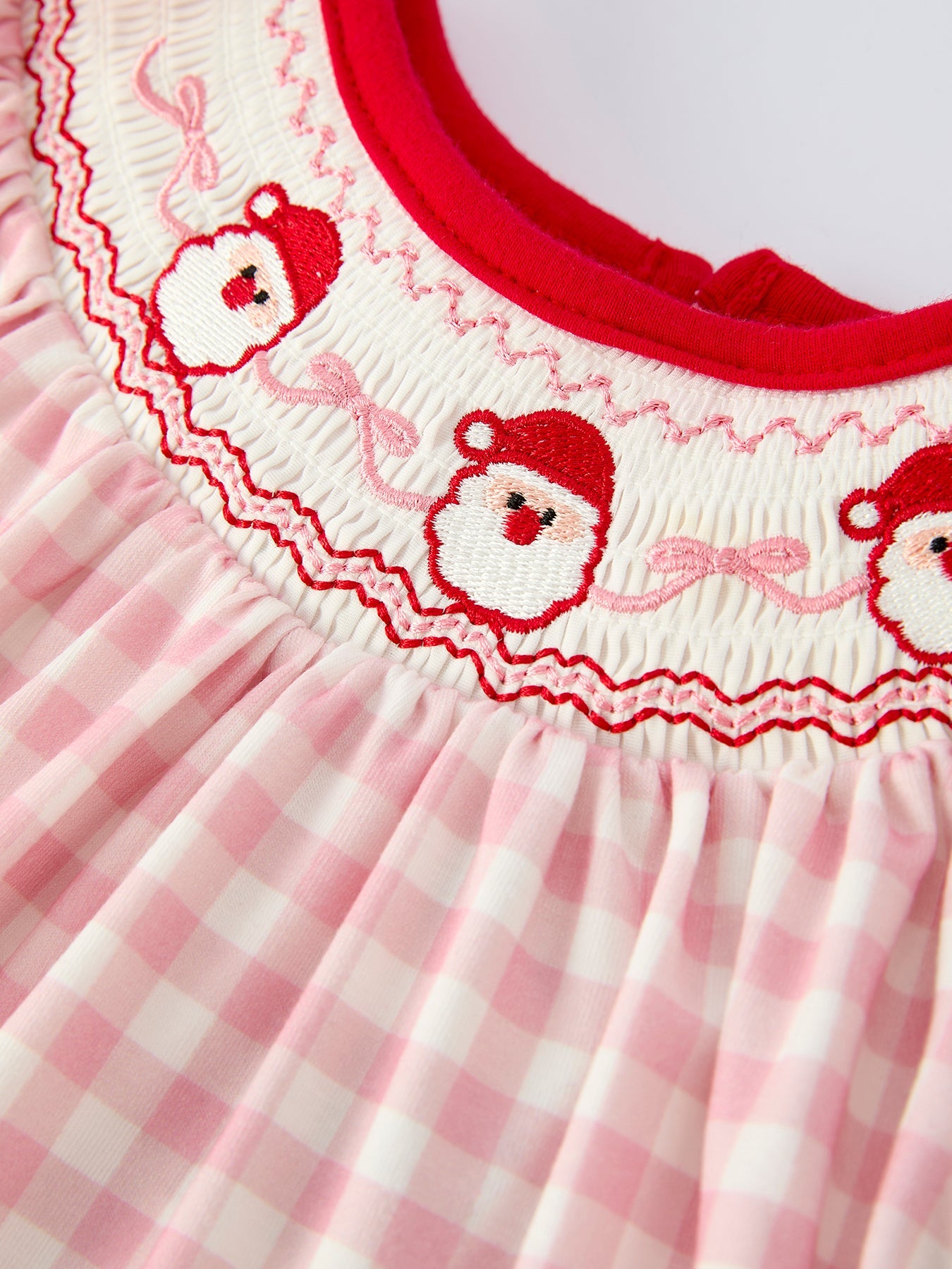 Pink Gingham Christmas Girls Dress: Santa Embroidery with Red Satin Ribbon