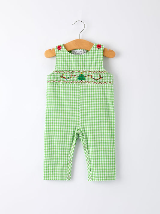 Christmas Tree Smocked Baby Romper with Green Plaid