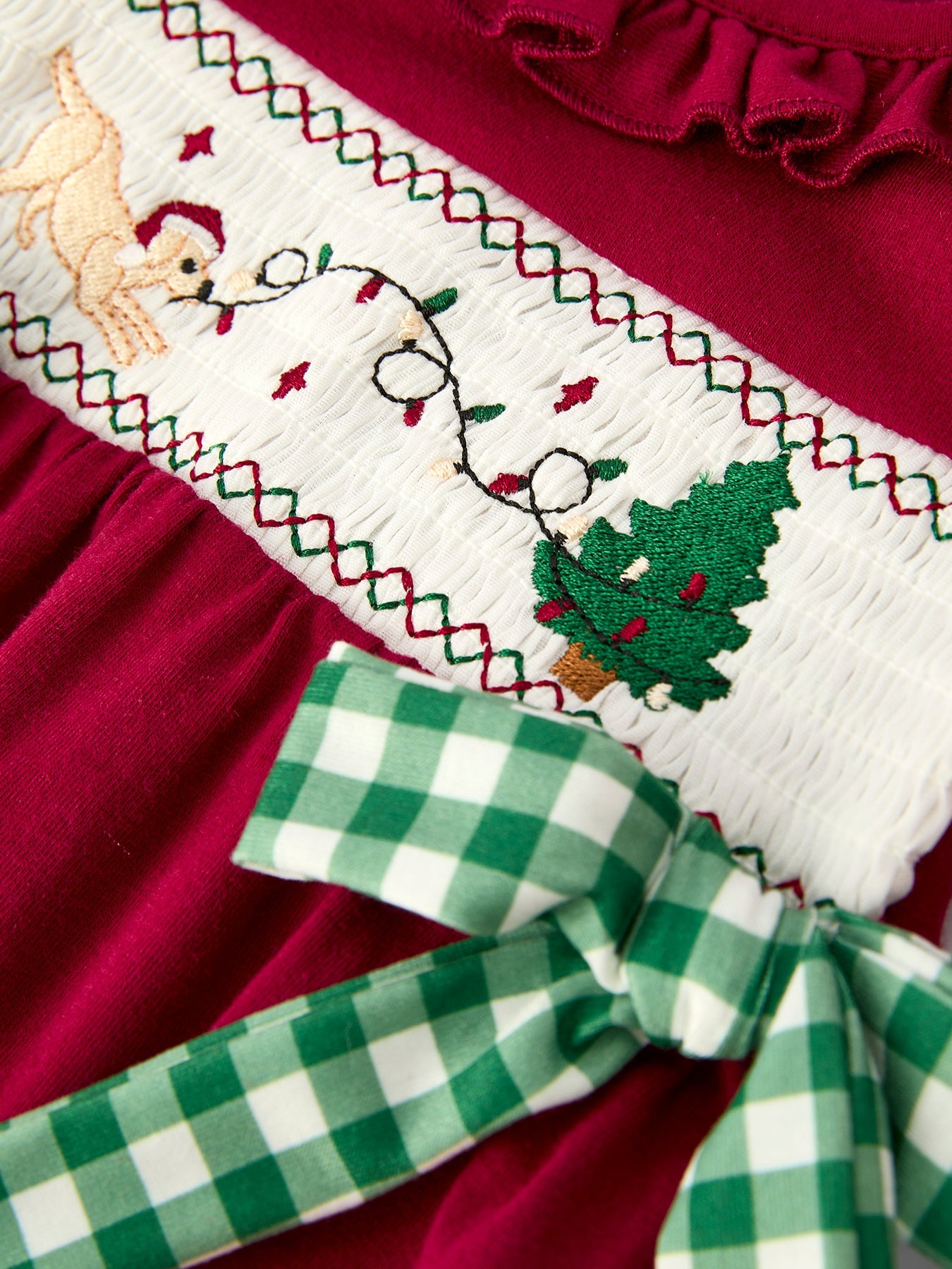 Christmas Embroidered Baby Girls Romper with Green Plaid Bow