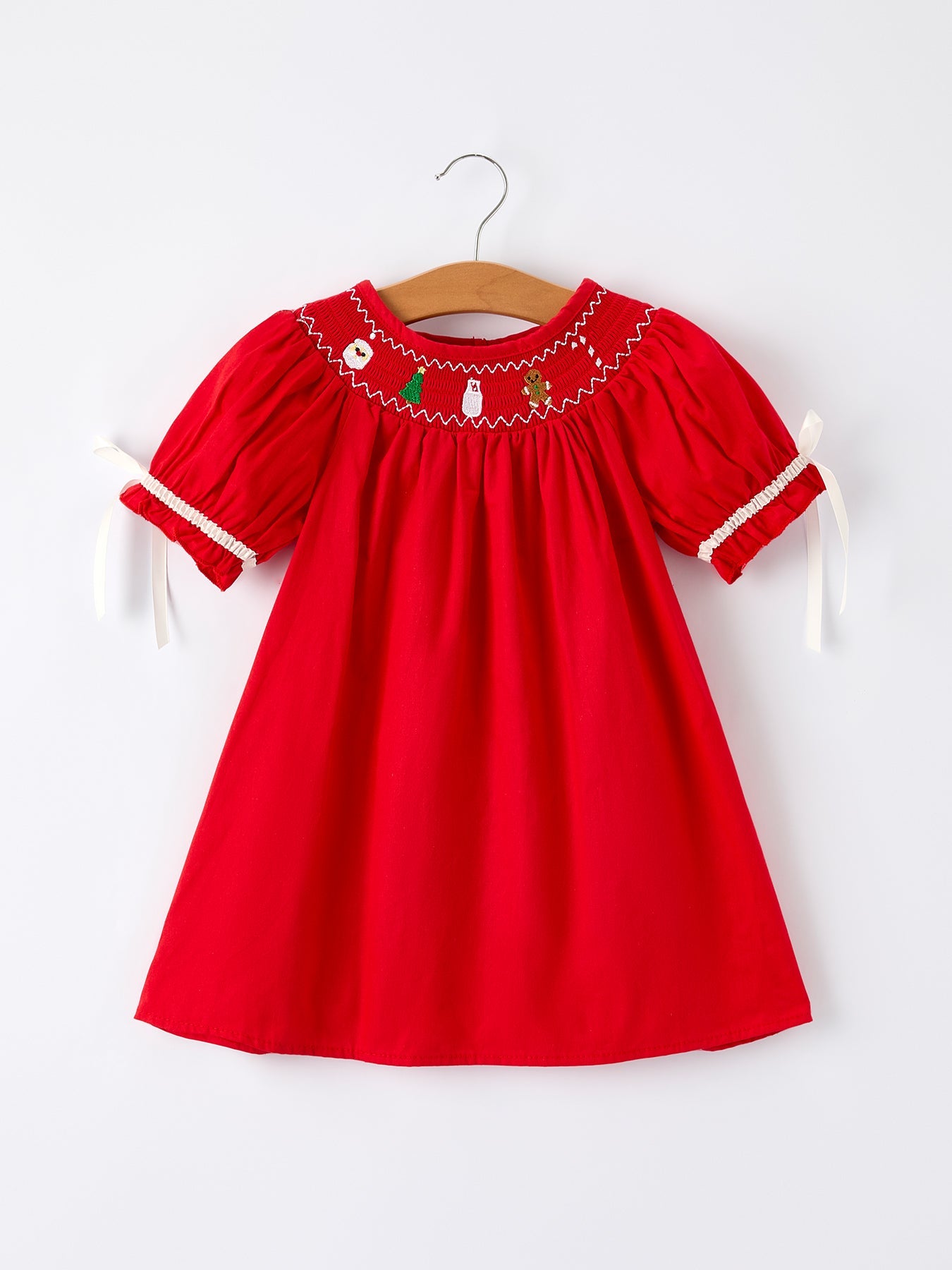 Christmas Gingerbread Embroidery Red Girls Dress with Bow