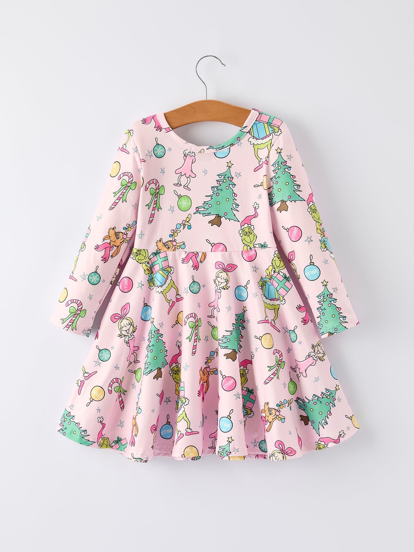 Pink Christmas Character Print Long Sleeve Girls Dress