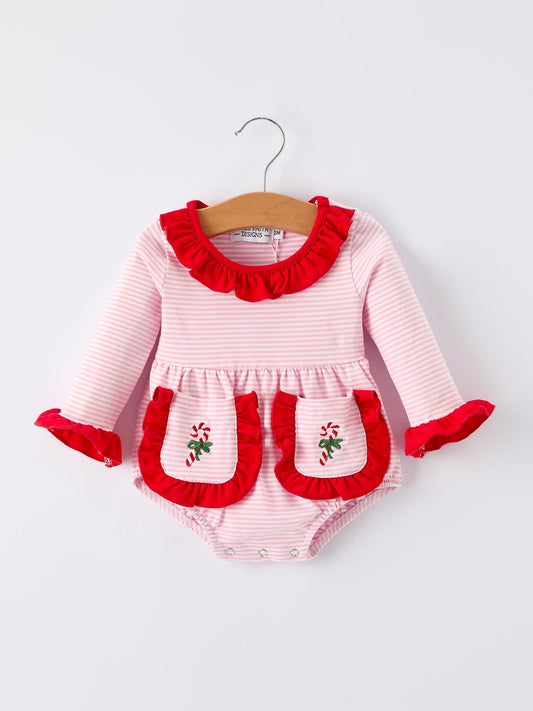 Christmas Candy Cane Embroidery Striped Baby Girl Romper with Pocket Ruffles
