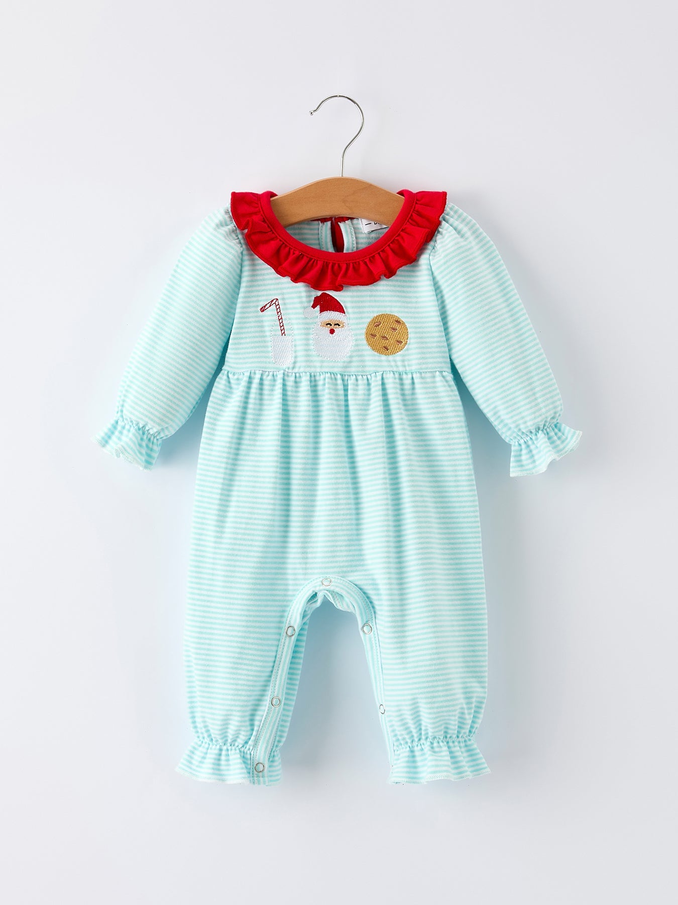 Christmas Santa Candy Cane Cookie Embroidery Baby Girls Striped Romper