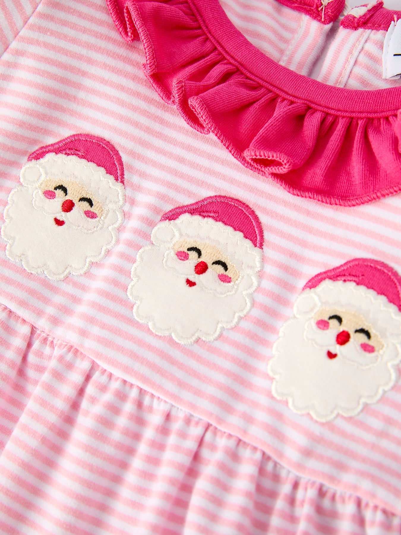 Christmas Santa Applique Striped Baby Girls Romper with Red Ruffle Trim