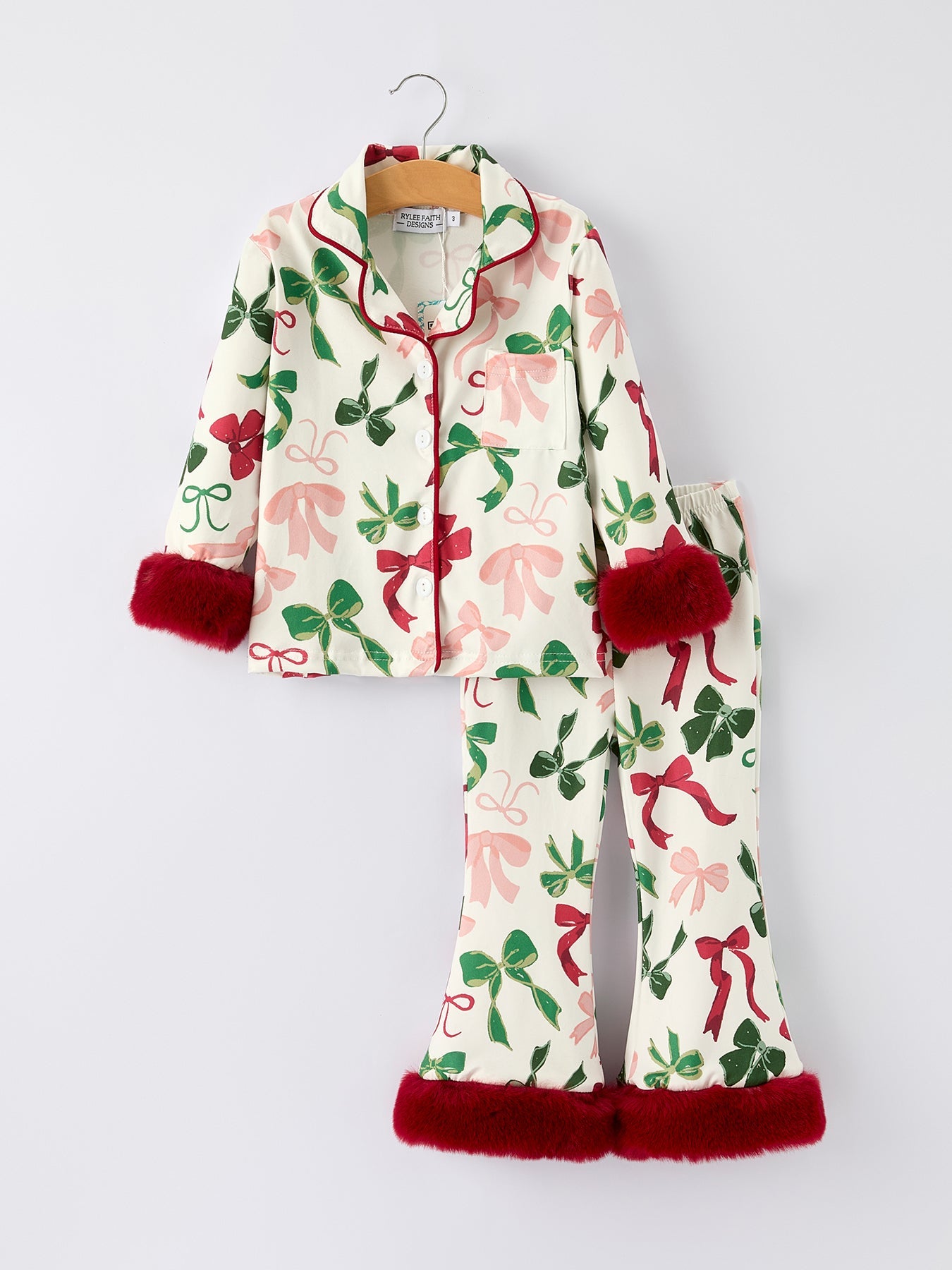 Holiday Bow Print Christmas Pajama Set – Girls Cozy Red Trim Sleepwear