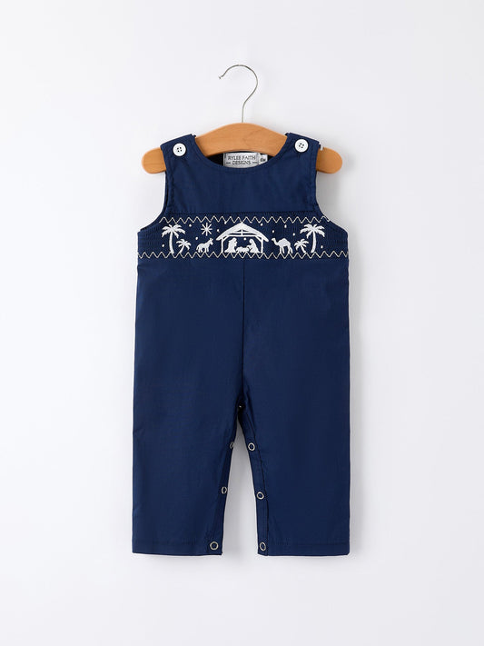 Christmas Navy Blue Nativity Smocking Embroidered Baby Boy Romper