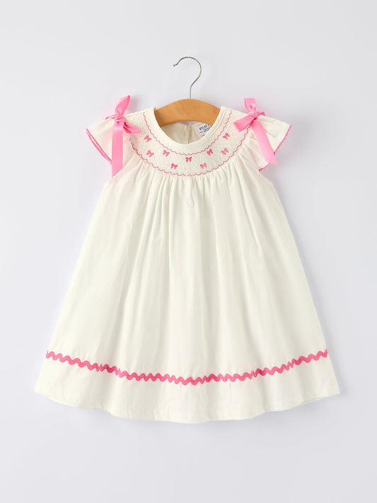 Fall White Girls Dress with Pink Bow Embroidery