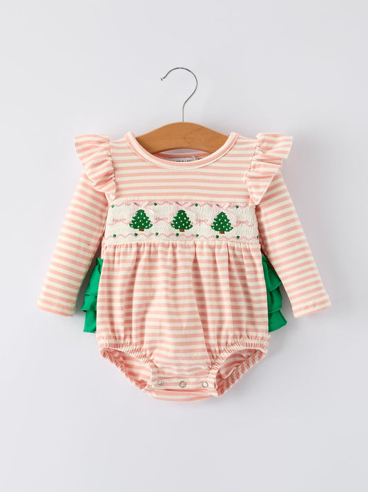 Christmas Tree Smocked Embroidery Stripe Baby Girls Romper