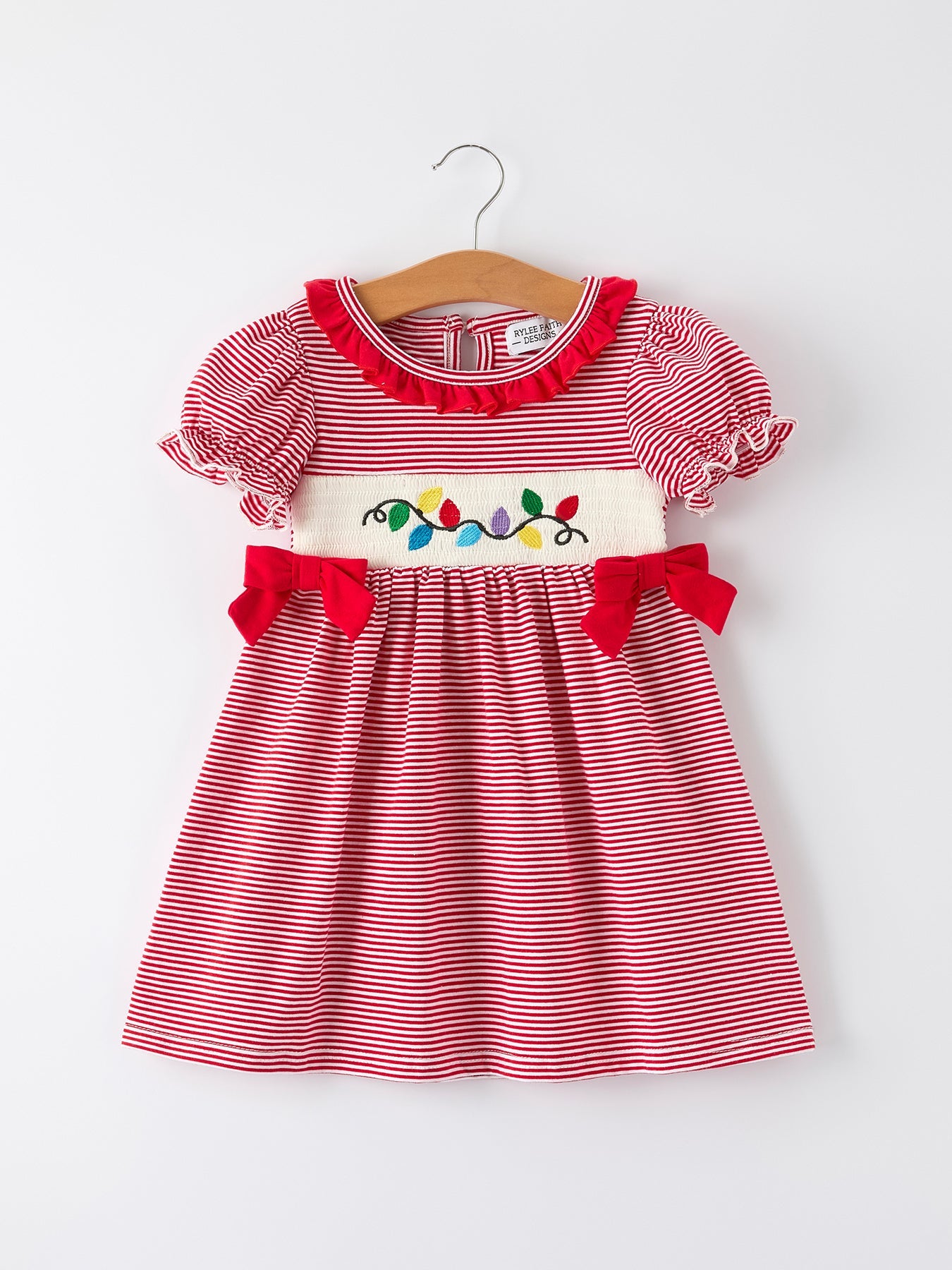 Holiday Girls Dress with Embroidered Christmas Lights and Red Bow Details
