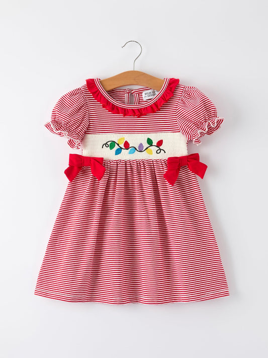 Holiday Girls Dress with Embroidered Christmas Lights and Red Bow Details