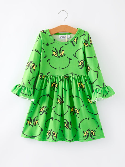 Christmas Green Cartoon Characters Print Girls Dress