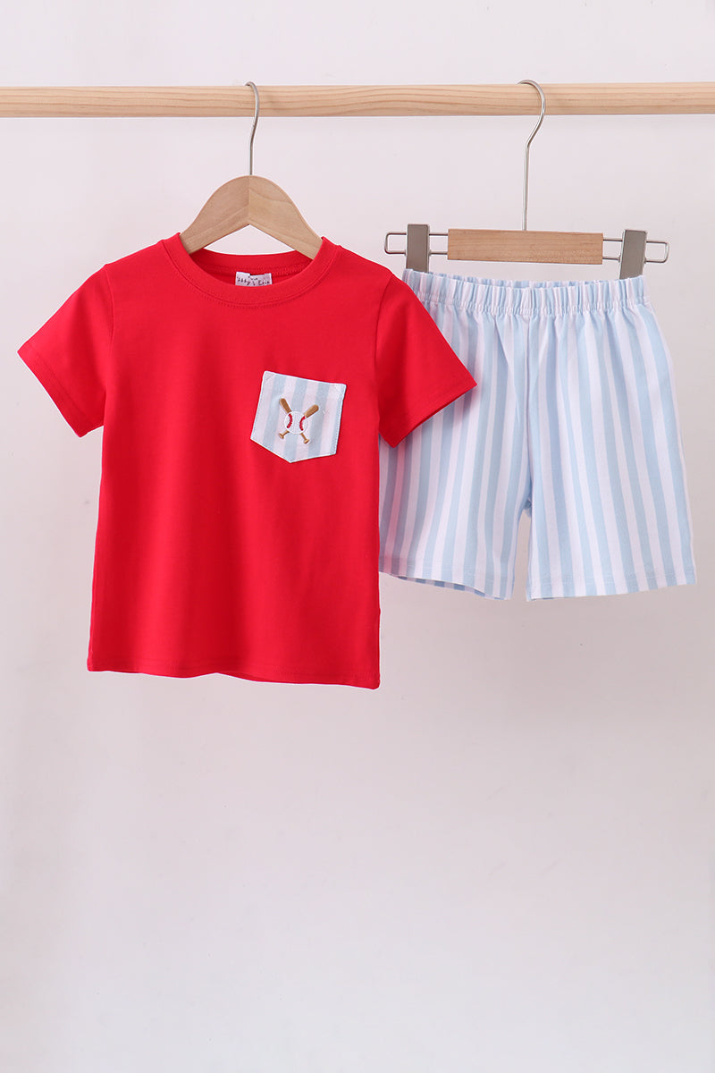 Red baseball shorts set