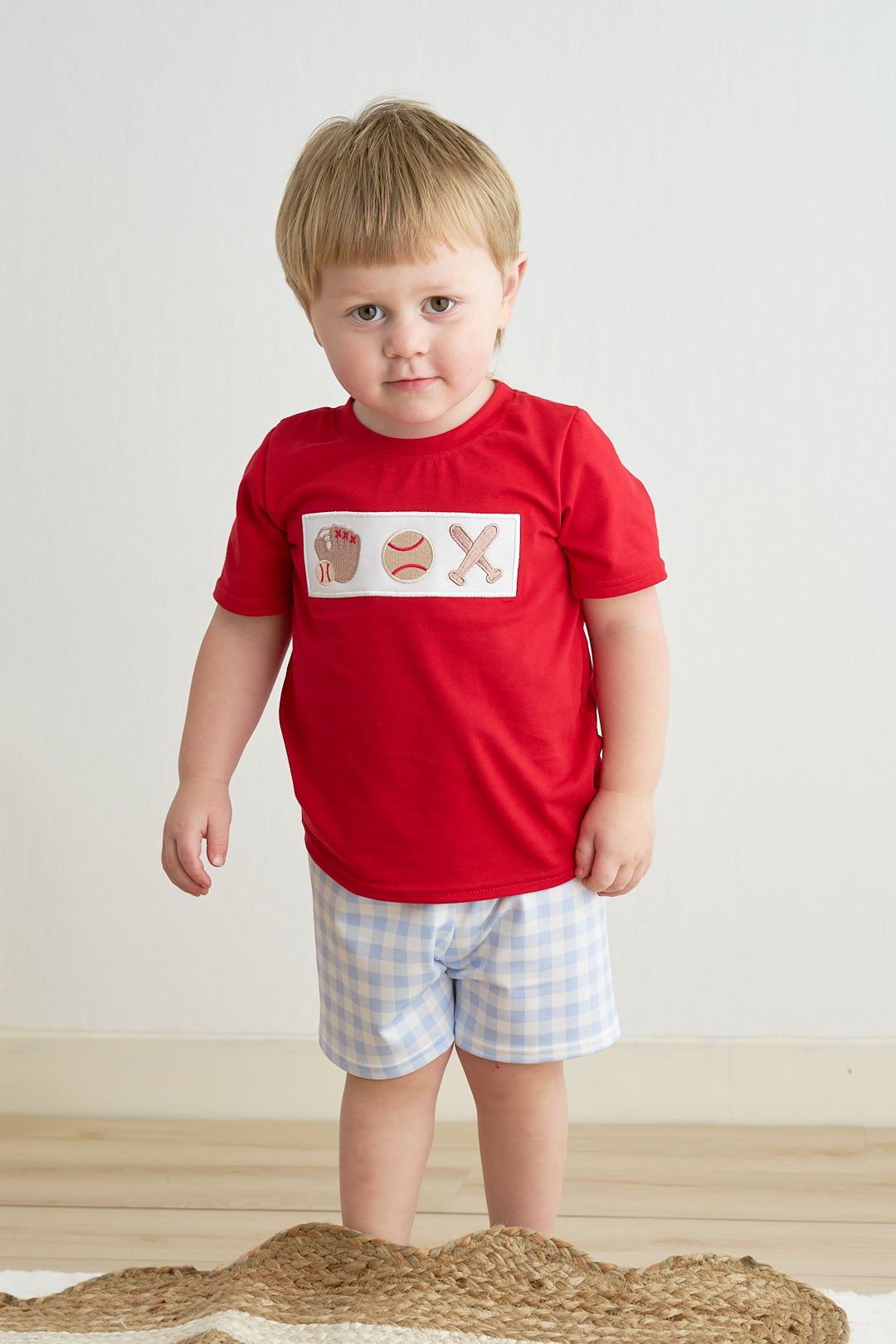 Blue plaid baseball embroidery boy set