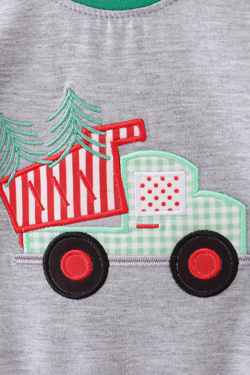 Green tree tractor applique stripe romper