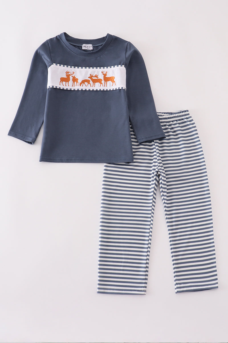 Navy deer embroidery pants set