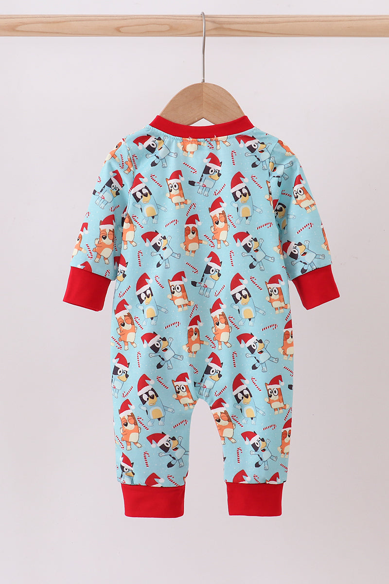 Blue christmas character print ruffle romper