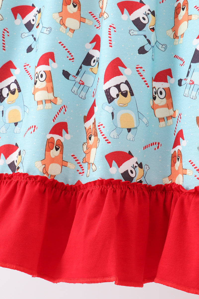 Blue christmas character print ruffle gown