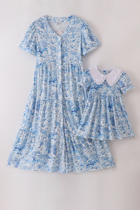 Blue willow toile print mom&me dress