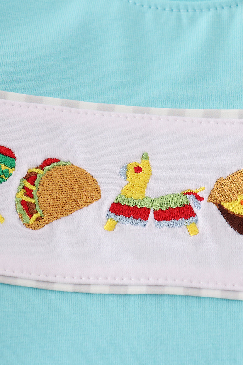 Blue taco embroidery stripe shorts set